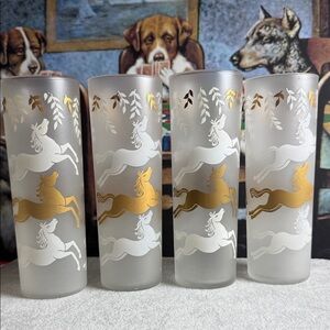 Vintage MCM winter holiday frosted Elegant horse Tom Collins tall Glass Set ⭐️